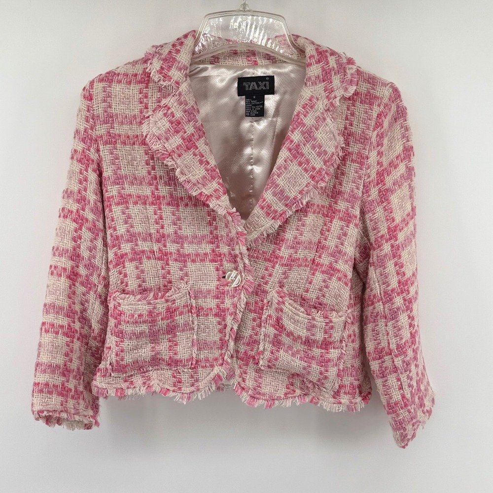 Taxi Pink Tweed Cropped Blazer Jacket Women Small Fringe Boucle Preppy Chic